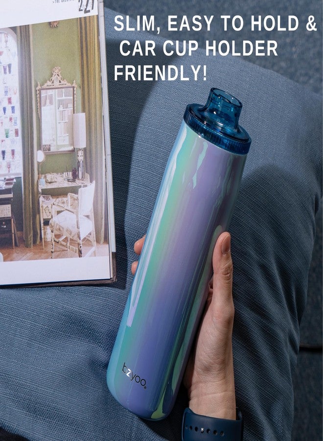 bzyoo 24oz Insulated Water Bottle with Clear Chug Lid - 100% Leakproof Stainless Steel Bottle, Aurora Iridescent Blue, BPA-Free Double Wall Vacuum Flask for Hot & Cold Drinks, Fits Car Cup Holders - Image 2